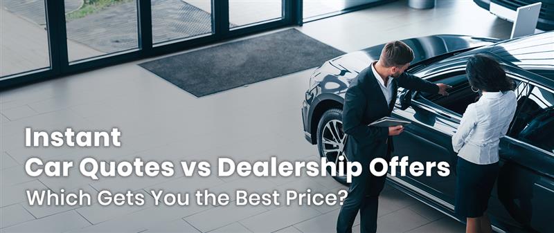 High-angle view of a salesman pointing out features of a black car to a woman in a dealership, with the text "Instant Car Quotes vs Dealership Offers - Which Gets You the Best Price?".