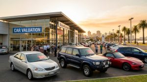 A car dealership exterior with "Car Valuation" and "Sales Event" signs, featuring a silver sedan and blue SUV for sale at sunset.