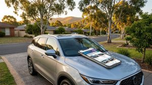 A silver SUV parked in a suburban driveway with a large smartphone displaying car listings resting on its hood.