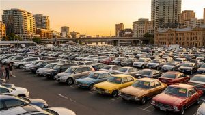 A vast car lot filled with rows of vehicles, including vintage models, set against a city bridge and skyline at sunset.
